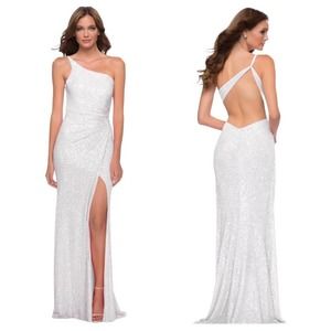 La Femme One-Shoulder Sequin Slit Gown with Open Back in White Size 4 NWT